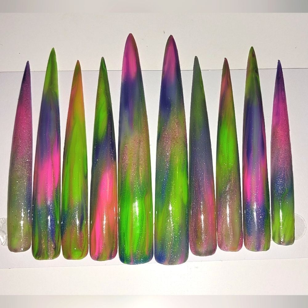 Hand crafted custom luminous tie dy10pc xxxl long acrylic presson nails sz Large